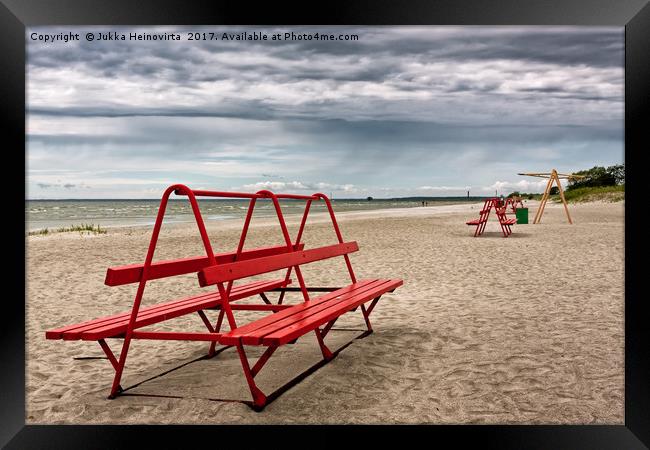Red Bench On A Beach Framed Print by Jukka Heinovirta