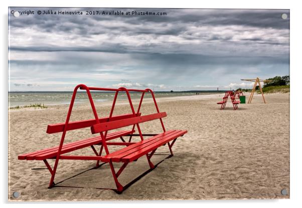 Red Bench On A Beach Acrylic by Jukka Heinovirta