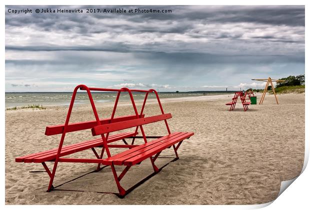 Red Bench On A Beach Print by Jukka Heinovirta