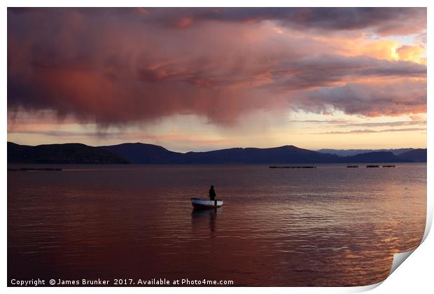 Stormy Sunset and Fisherman on Lake Titicaca Print by James Brunker
