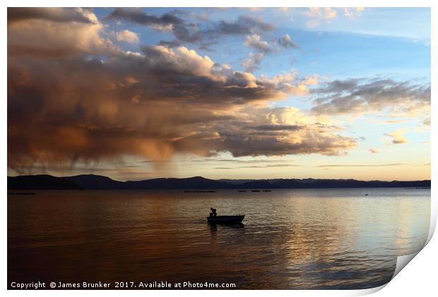 Dramatic Clouds and Fisherman on Lake Titicaca Print by James Brunker