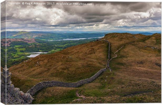 Lingmoor Fell to Loughrigg Tarn and Windermere Canvas Print by Reg K Atkinson