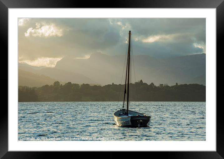 Langdale Pikes and boat across Windermere Lake Dis Framed Mounted Print by Nick Jenkins