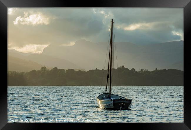 Langdale Pikes and boat across Windermere Lake Dis Framed Print by Nick Jenkins