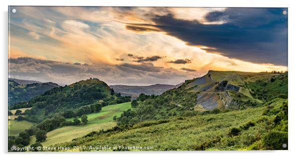 Clearing clouds at sunset over Llangollen panorama Acrylic by Steve Heap