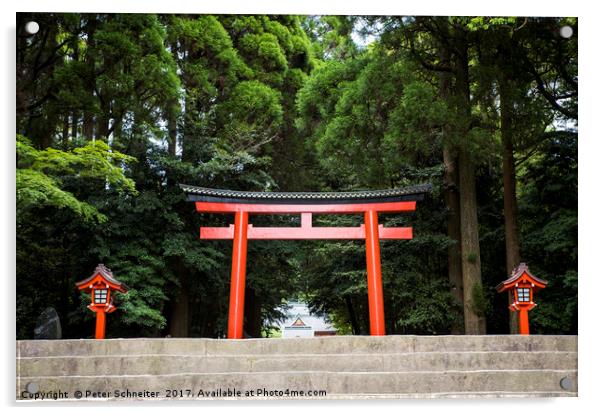 Entrance to Kirishima-Jingu Shrine, Kyushu, Japan. Acrylic by Peter Schneiter