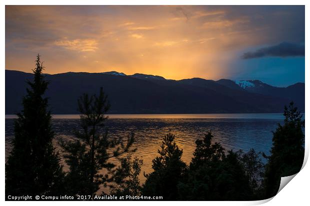 sunset at the sognefjord in norway Print by Chris Willemsen