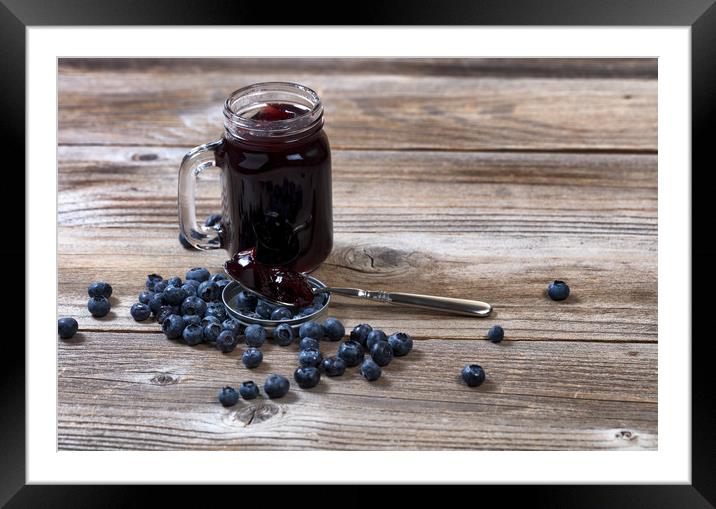 Fresh blueberry jam and berries with glass jar on  Framed Mounted Print by Thomas Baker