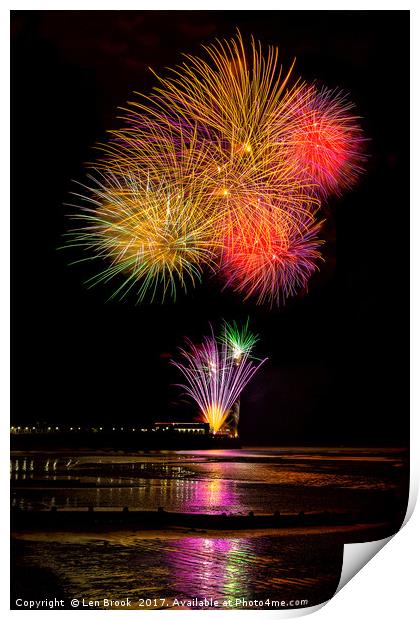 Worthing Beach fireworks 2017 Print by Len Brook