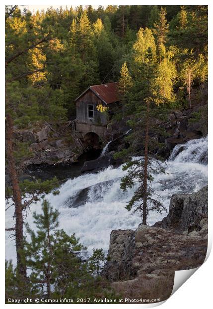 houses at waterfall in norway Print by Chris Willemsen