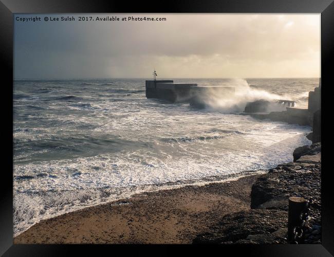 Hastings Harbour Arm on a stormy day Framed Print by Lee Sulsh