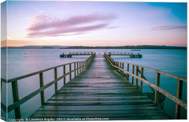 Lake Pier at Sunrise Canvas Print by Laurence Bigsby