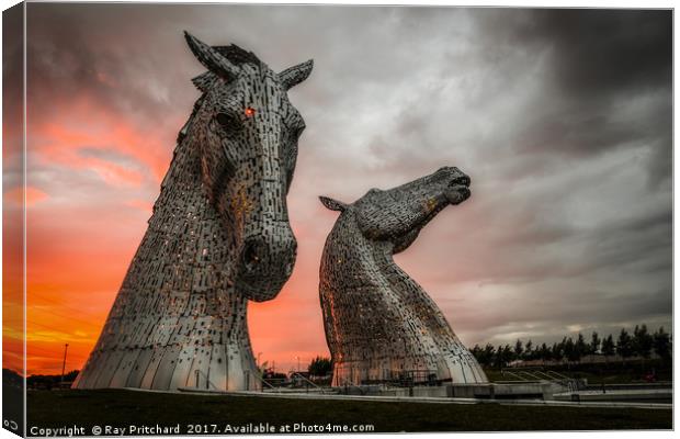 The Kelpies at Sunset Canvas Print by Ray Pritchard