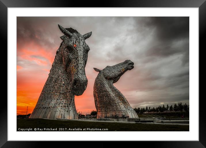 The Kelpies at Sunset Framed Mounted Print by Ray Pritchard