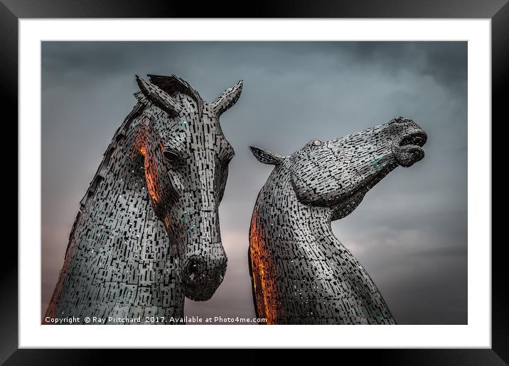 The Kelpies Lit up by Sunset  Framed Mounted Print by Ray Pritchard