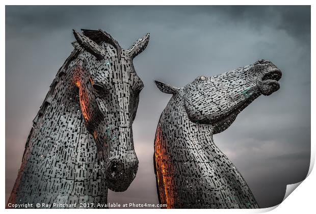 The Kelpies Lit up by Sunset  Print by Ray Pritchard
