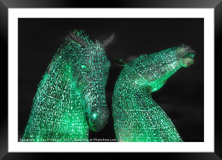 The Kelpies Lit up at Night Framed Mounted Print by Ray Pritchard