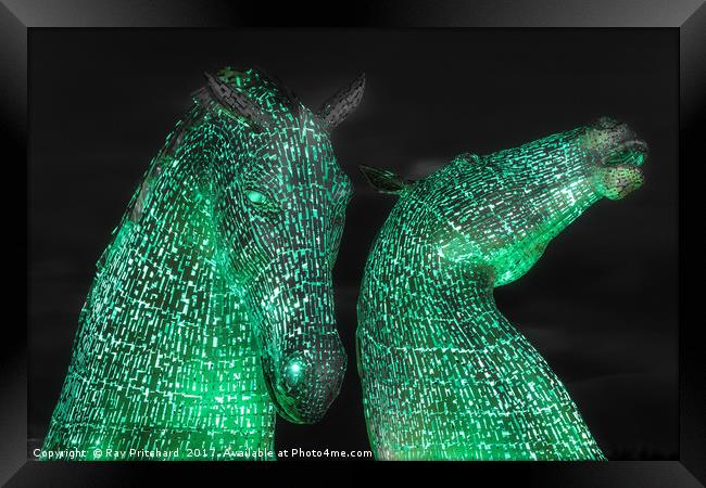 The Kelpies Lit up at Night Framed Print by Ray Pritchard