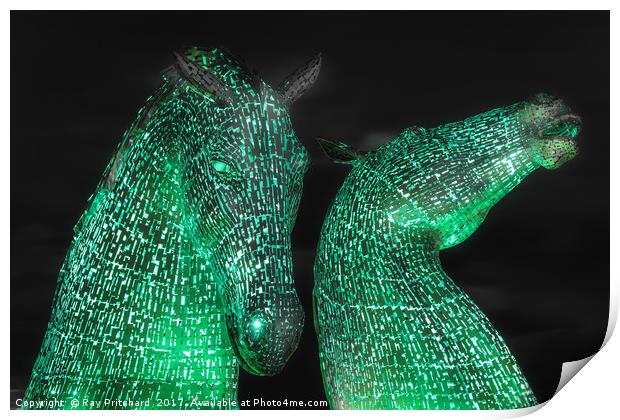 The Kelpies Lit up at Night Print by Ray Pritchard