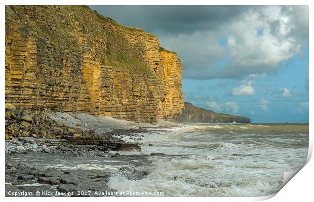 Llantwit Major Beach on a stormy and sunny day Print by Nick Jenkins