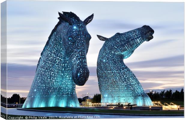 Kelpies at Sunset in Blue. Canvas Print by Philip Veale