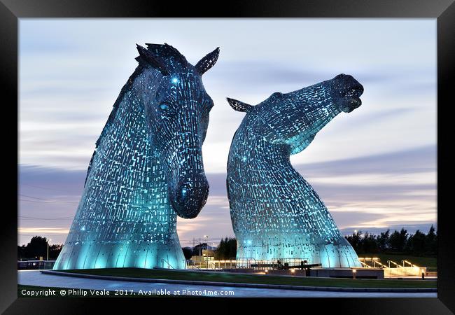 Kelpies at Sunset in Blue. Framed Print by Philip Veale