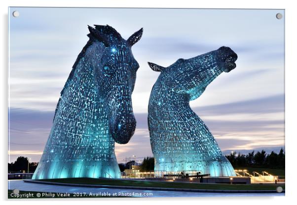 Kelpies at Sunset in Blue. Acrylic by Philip Veale
