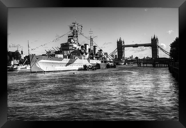 HMS Belfast and Tower Bridge 2 in Black and White Framed Print by Chris Day