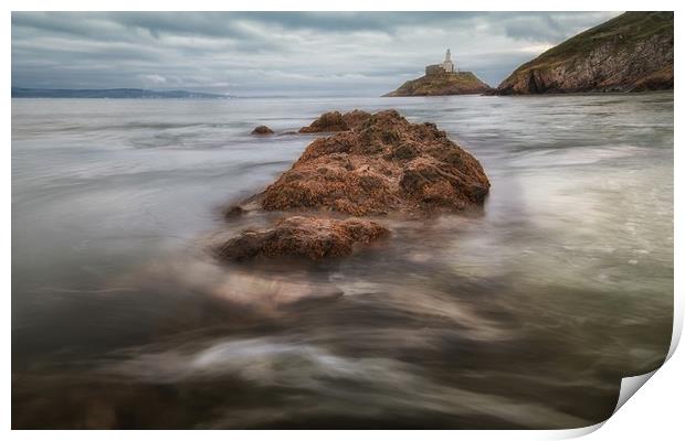 Outgoing tide at Mumbles lighthouse Print by Leighton Collins