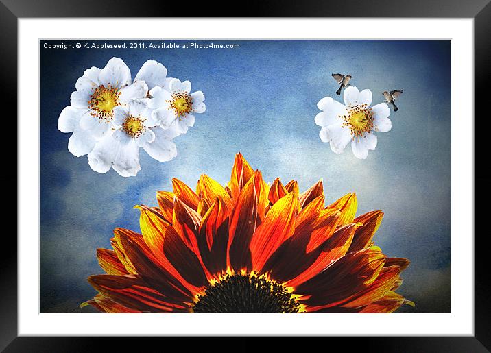 You are my sunshine, (Sunflower Dogrose and Birds) Framed Mounted Print by K. Appleseed.
