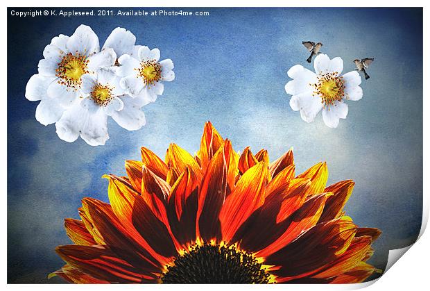 You are my sunshine, (Sunflower Dogrose and Birds) Print by K. Appleseed.