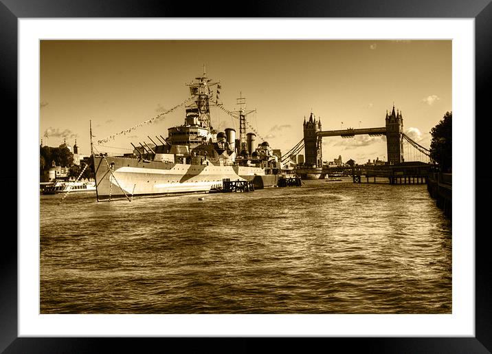 HMS Belfast and Tower Bridge 2 in Sepia Framed Mounted Print by Chris Day