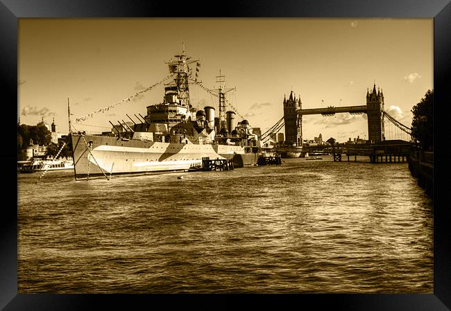 HMS Belfast and Tower Bridge 2 in Sepia Framed Print by Chris Day