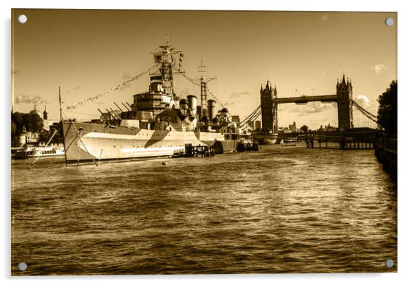 HMS Belfast and Tower Bridge 2 in Sepia Acrylic by Chris Day