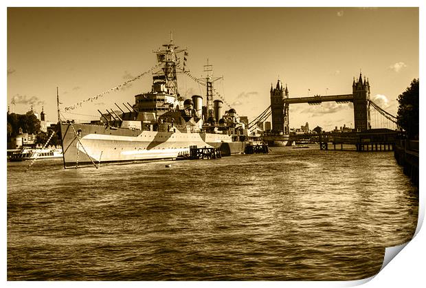 HMS Belfast and Tower Bridge 2 in Sepia Print by Chris Day