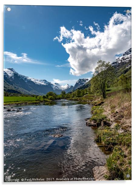 Oldeelva river on the edge of Olden in Norway Acrylic by Paul Nicholas