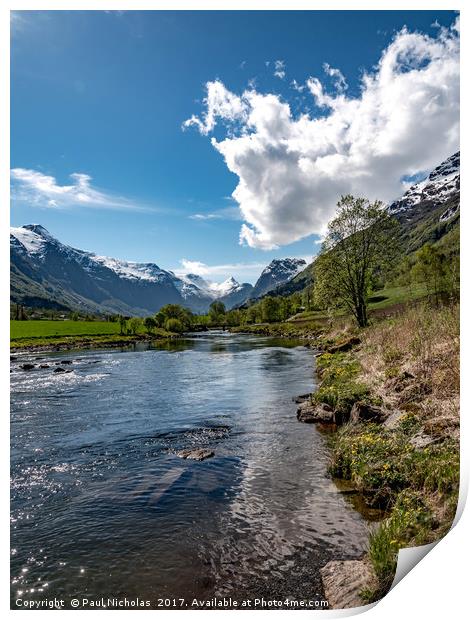 Oldeelva river on the edge of Olden in Norway Print by Paul Nicholas