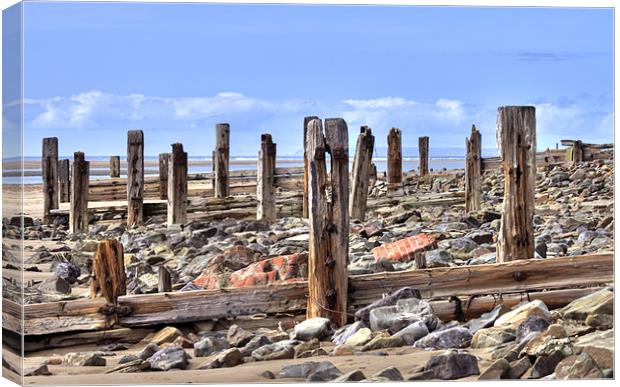 Battered Remains of Groynes along the beach Canvas Print by Mike Gorton