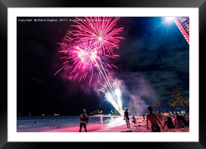 Fireworks on Waikiki beach Framed Mounted Print by Steve Hughes