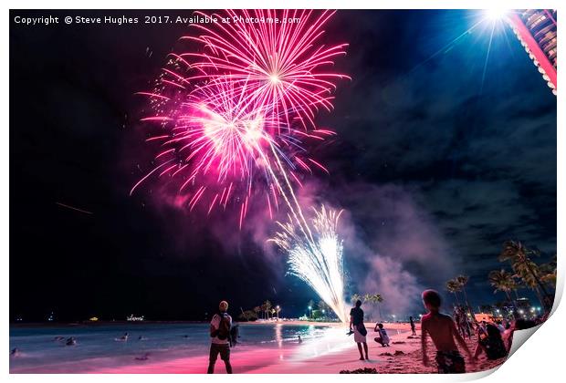 Fireworks on Waikiki beach Print by Steve Hughes