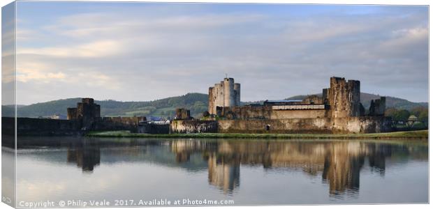 Caerphilly Castle Tranquil Dawn Reflection. Canvas Print by Philip Veale