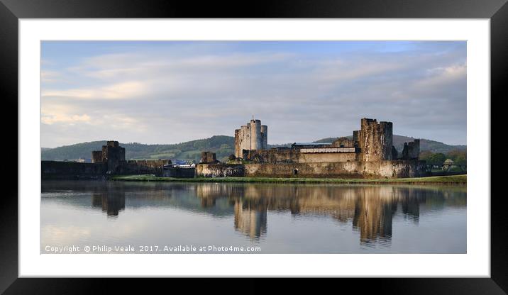 Caerphilly Castle Tranquil Dawn Reflection. Framed Mounted Print by Philip Veale