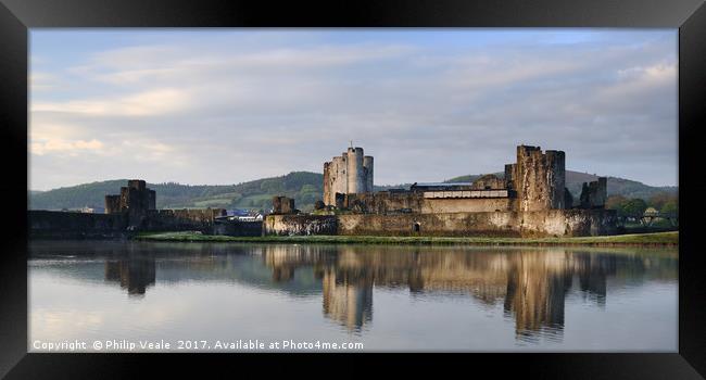 Caerphilly Castle Tranquil Dawn Reflection. Framed Print by Philip Veale