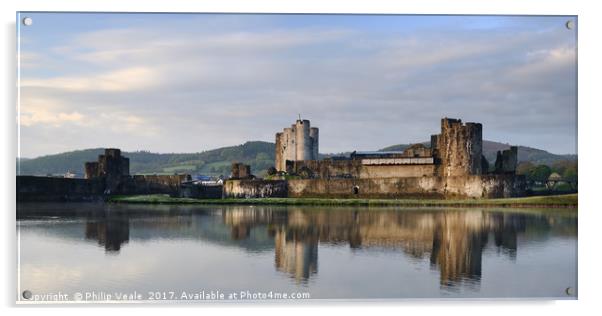 Caerphilly Castle Tranquil Dawn Reflection. Acrylic by Philip Veale