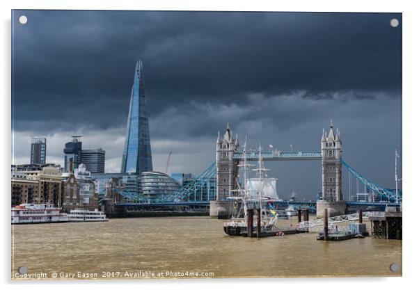 Storm looming over The Shard and Tower Bridge Acrylic by Gary Eason