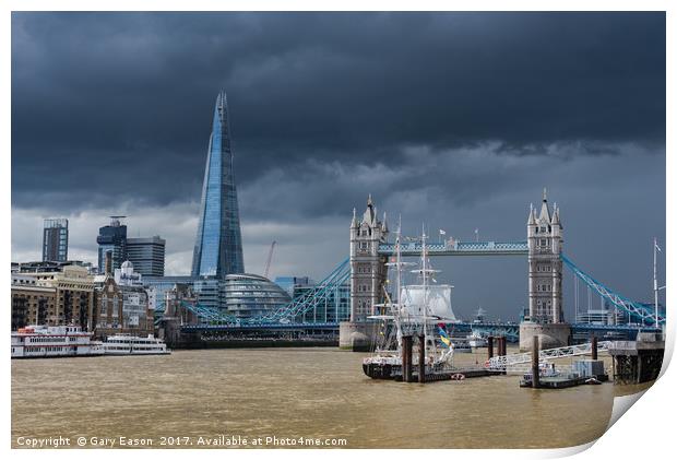 Storm looming over The Shard and Tower Bridge Print by Gary Eason