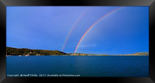  Double Rainbow in blue sky. Framed Print by Geoff Childs