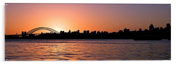 City sunset Sydney Harbour Bridge. Acrylic by Geoff Childs
