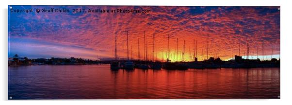 Vivid Crimson Marina Sunset Panorama. Acrylic by Geoff Childs