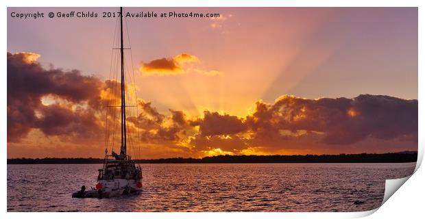 Sunrise rays boat and sea. Print by Geoff Childs